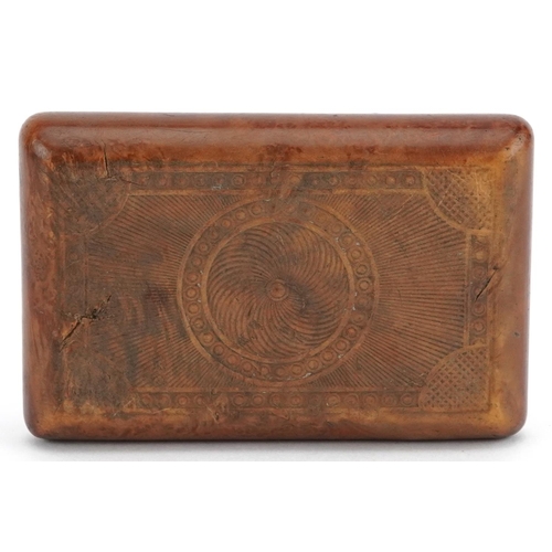 85 - An 18th century carved burr walnut rectangular snuff box, the hinged lid carved in relief with a har... 