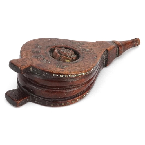 312 - A late 19th century treen and brass inlaid forget-me-not pair of bellows, 13cm in length.