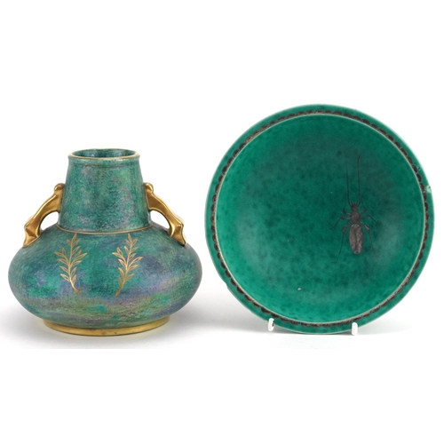 1487 - An early 20th century Gustavsberg Argenta green glazed pottery dish, diameter 15cm together with a s... 