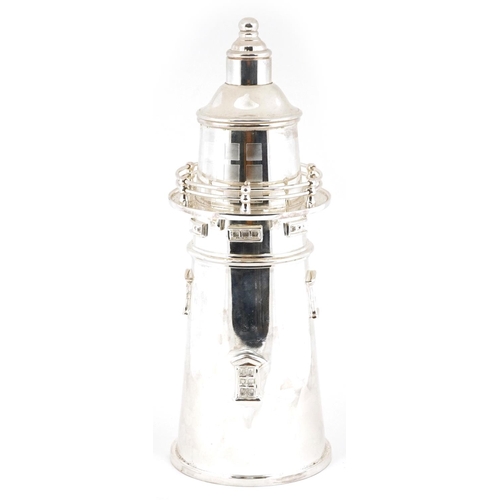 268 - An Art Deco style plated cocktail shaker in the form of a lighthouse, 35cm high.