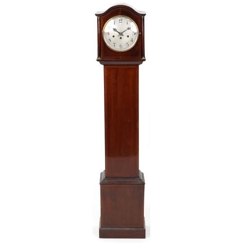 1038 - An Edwardian diminutive mahogany long case clock with silvered dial and Arabic numerals, 140cm H x 2... 