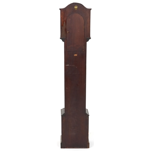 1038 - An Edwardian diminutive mahogany long case clock with silvered dial and Arabic numerals, 140cm H x 2... 