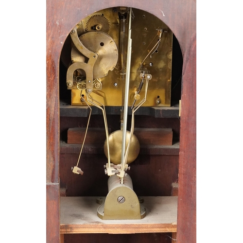 1038 - An Edwardian diminutive mahogany long case clock with silvered dial and Arabic numerals, 140cm H x 2... 