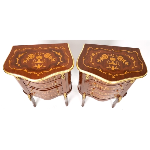 1054 - A pair of Louis XV style mahogany and gilt metal mounted bedside chests of four drawers, 76cm H x 49... 