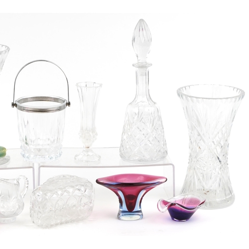 1542 - A mixed group of glassware to include two decanters, two vases, a tazza and various other items.