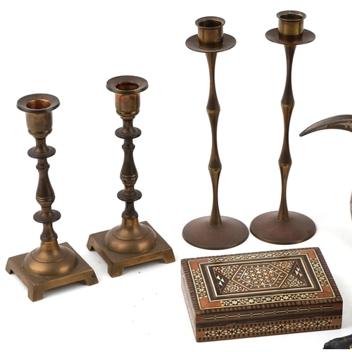 1506 - A mixed group collector's items to include brass candlesticks, copper bowl, pair of bellows and two ... 