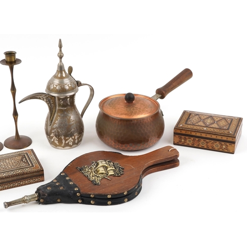 1506 - A mixed group collector's items to include brass candlesticks, copper bowl, pair of bellows and two ... 