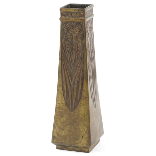 254 - A late 19th/early 20th century Tiffany Studios style bronze vase of square section in a Chinese styl... 