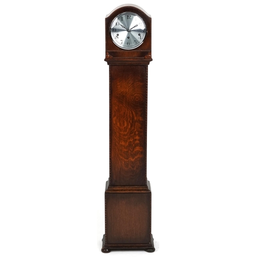 1097 - A George V oak diminutive longcase clock with silvered dial and black numerals, 129cm H x 22cm W x 1... 