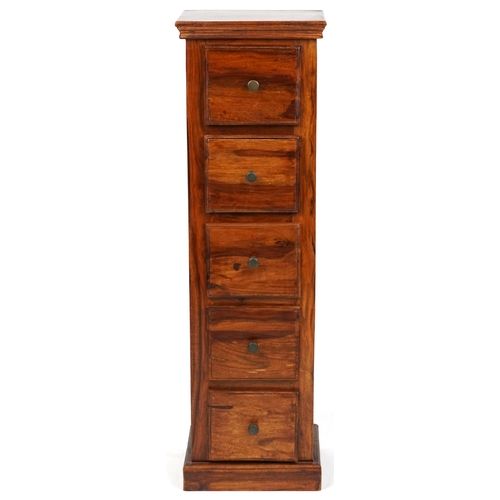 1098 - A late 20th century hardwood narrow chest of five drawers, 111cm H x 33cm W x 27cm D.