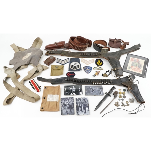 2536 - Militaria including American leather gun holsters, German military interest belt with buckle, Irvin ... 