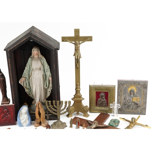 1574 - A collection of religious interest objects including Icons, Corpus Christies and a large plaster fig... 