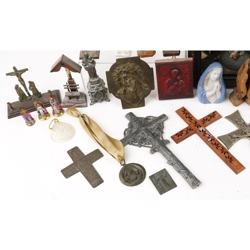 1574 - A collection of religious interest objects including Icons, Corpus Christies and a large plaster fig... 