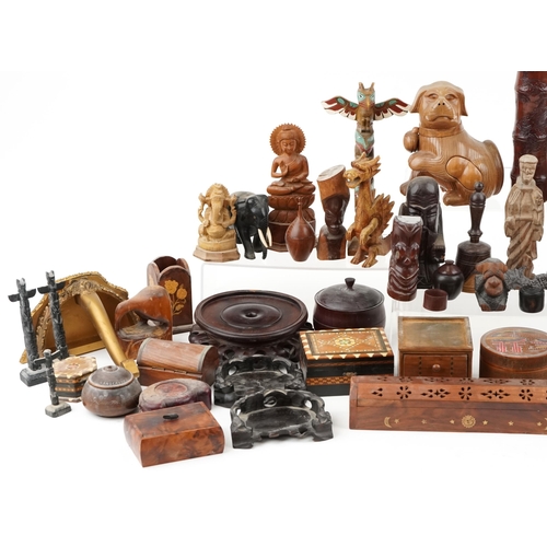 1571 - A large collection of treen objects including inlaid trinket boxes, Chinese hardwood stands and carv... 