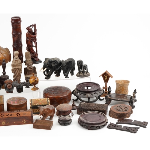 1571 - A large collection of treen objects including inlaid trinket boxes, Chinese hardwood stands and carv... 