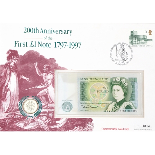 2194 - British five pound note and coin sets to include a five pound note serial number HM70-000495, the HM... 