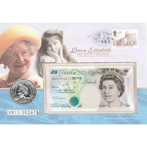 2194 - British five pound note and coin sets to include a five pound note serial number HM70-000495, the HM... 