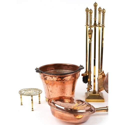 1587 - Victorian and later brass and copper-ware including a coal bucket and fire tools.