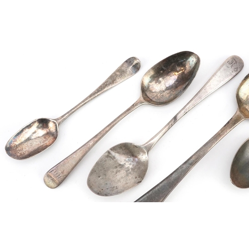 473 - Seven Georgian silver spoons, various hallmarks, the largest 17cm in length, total 117.2g.