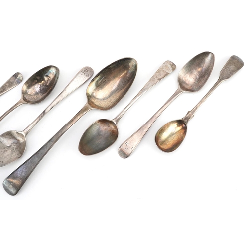 473 - Seven Georgian silver spoons, various hallmarks, the largest 17cm in length, total 117.2g.