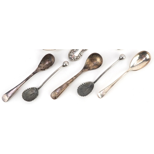 471 - Edwardian and later silver cutlery including mustard spoons and cake forks, the largest 14cm in leng... 