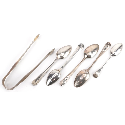 447 - Five Georgian silver teaspoons and a pair of Georgian silver sugar tongs with engraved decoration, t... 