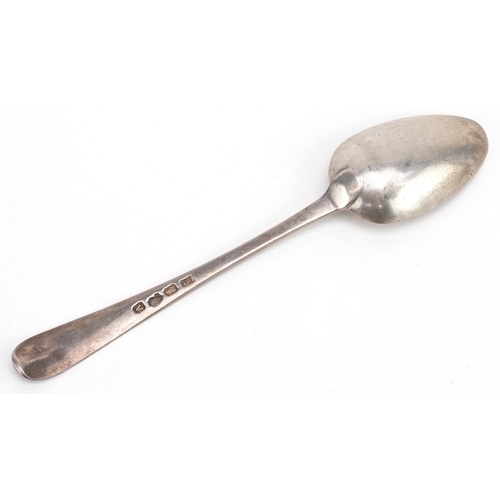 491 - James Brady, George III Irish silver spoon engraved with a heraldic crest and foliage, Dublin 1797, ... 