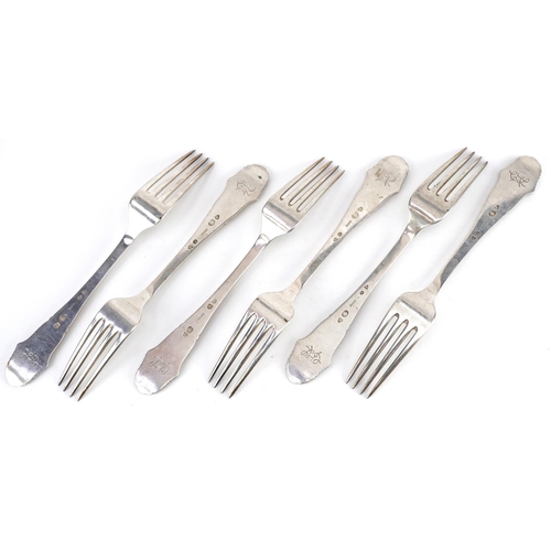 406 - Christian F Heise, a set of six Danish silver table forks, 19.5cm in length,  total 347.0g.