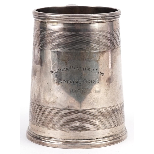 393 - Peerless Plate Manufacturing Co. Ltd, George V engine turned silver tankard with presentation inscri... 