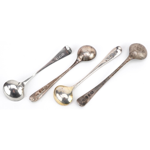 496 - Four Georgian silver mustard spoons, the largest 10cm in length, total 34.2g.