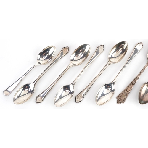 497 - Ten silver teaspoons, various hallmarks, the largest 12.5cm in length, total 152.5g.