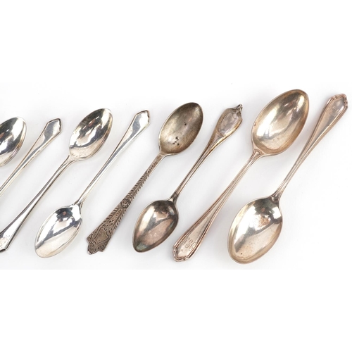 497 - Ten silver teaspoons, various hallmarks, the largest 12.5cm in length, total 152.5g.