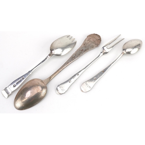 453 - Christian F Heise, Danish silver cutlery comprising two spoons, a fork and a spork, the largest 18.5... 