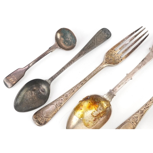 445 - Victorian silver cutlery including a matching christening fork and spoon, the largest 15.5cm in leng... 