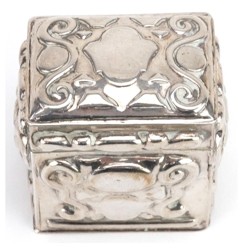 458 - An antique style Dutch silver box with hinged lid and embossed decoration, impressed marks to the ba... 