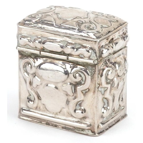 458 - An antique style Dutch silver box with hinged lid and embossed decoration, impressed marks to the ba... 