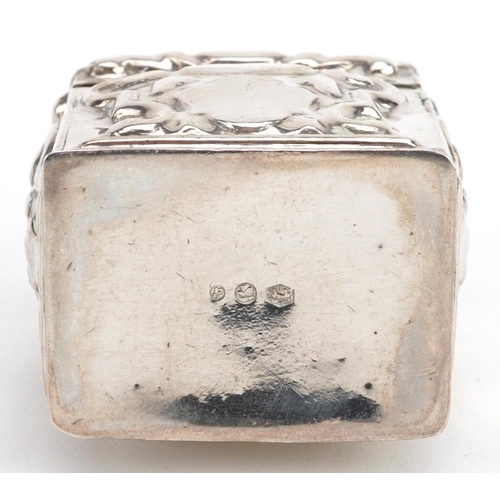 458 - An antique style Dutch silver box with hinged lid and embossed decoration, impressed marks to the ba... 