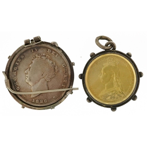 2085 - A George IV enamelled silver shilling dated 1826 and a Victorian enamelled 1887 silver sixpence, eac... 