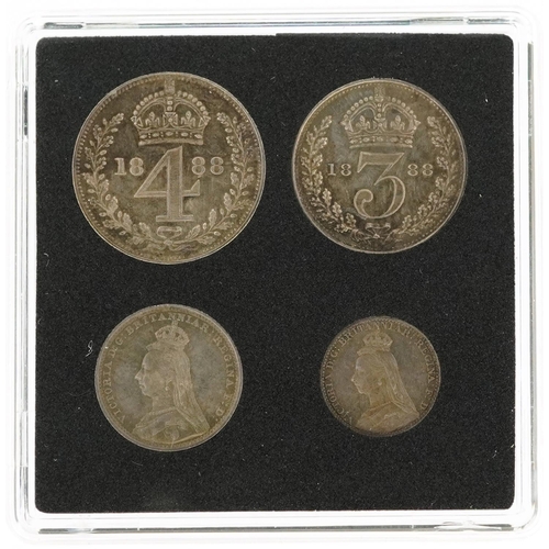 2058 - Queen Victoria 1888 silver Maundy money comprising four coins housed in a black plastic case.