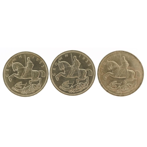 2052 - Three George V 1935 Rocking Horse crowns, each in extremely fine condition, inscriptions to edges.