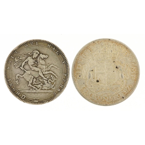 2053 - Two silver crowns comprising a George III 1819 with script to the edge ending in LIX and a George VI... 