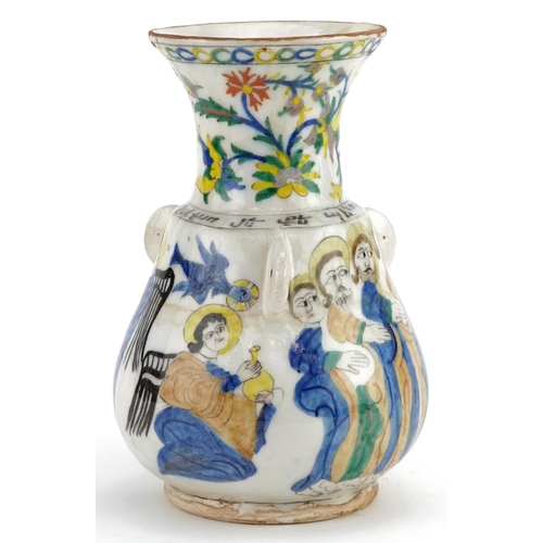 54 - A Turkish Armenian Ottoman vase hand painted with figures and flowers, 21cm high.