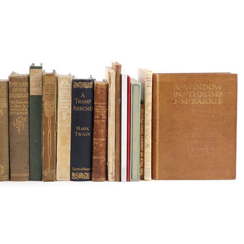 2385 - A group of various leather and cloth bound books to include 'A Tramp Aboard' by Mark Twain and 'A Wi... 