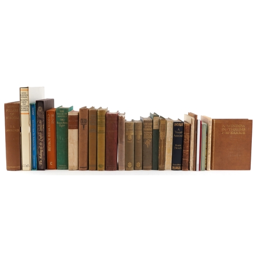 2385 - A group of various leather and cloth bound books to include 'A Tramp Aboard' by Mark Twain and 'A Wi... 