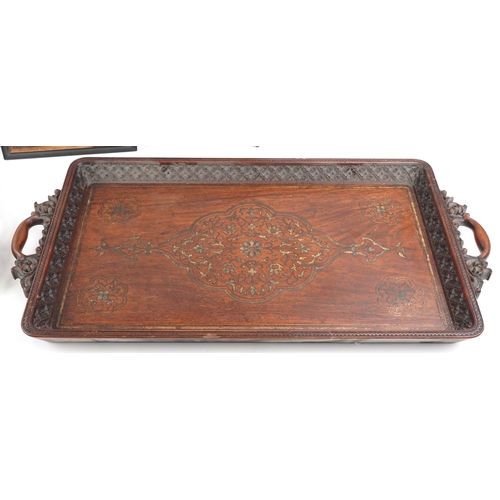 1481 - A large Anglo-Indian hardwood tray together with and air of Chinese hardwood stands, a Morrish style... 