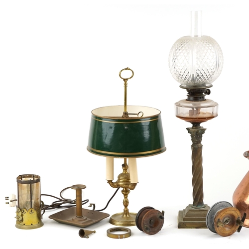 1503 - A group of various metalwork items to include an oil lamp, a copper jug, brass desk light, camber st... 