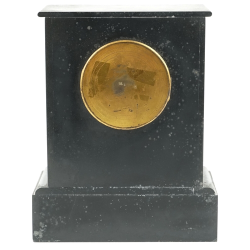 1491 - A Victorian black slate and marble mantle clock, the enamelled dial with Roman numerals, 31cm high.