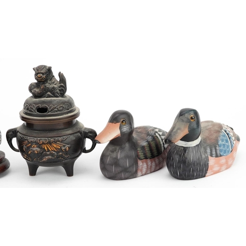 370 - Chinese objects comprising a carved burr wood figure of an elder, bronze three footed censer with co... 