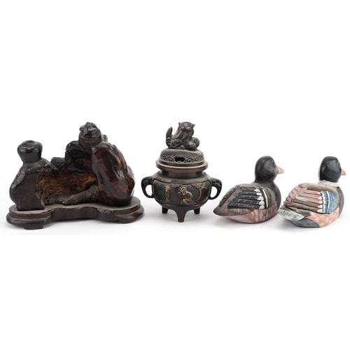 370 - Chinese objects comprising a carved burr wood figure of an elder, bronze three footed censer with co... 