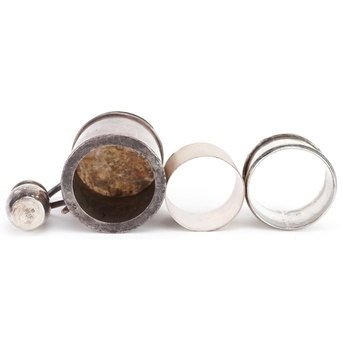 455 - Edwardian and later silver objects comprising a mustard with hinged lid, two napkin rings and a mini... 